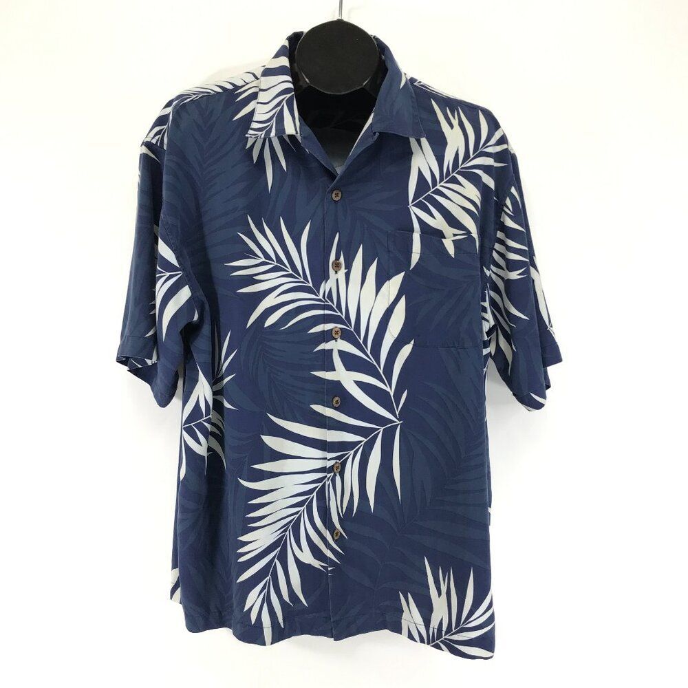 Hilo Hattie Silk Button Up Hawaiian Shirt Men's Medium Palm Print Short Sleeve